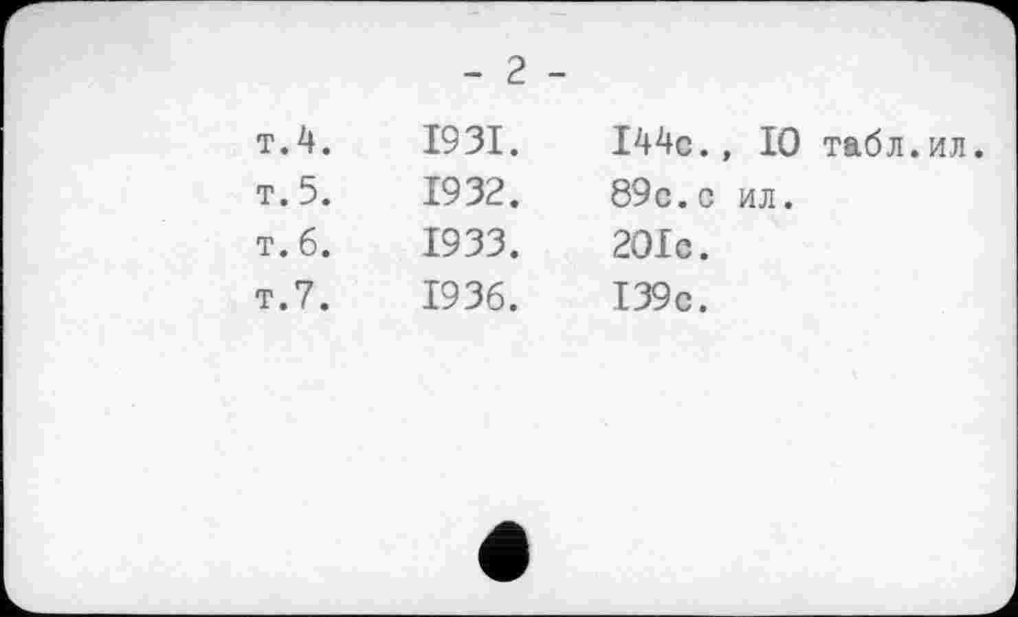 ﻿- 2 -
т.4.
т. 5.
T. 6.
т.7.
1931.	I44c., 10 табл.ил
1932.	89c.с ил.
1933.	201e.
1936.	I39c.